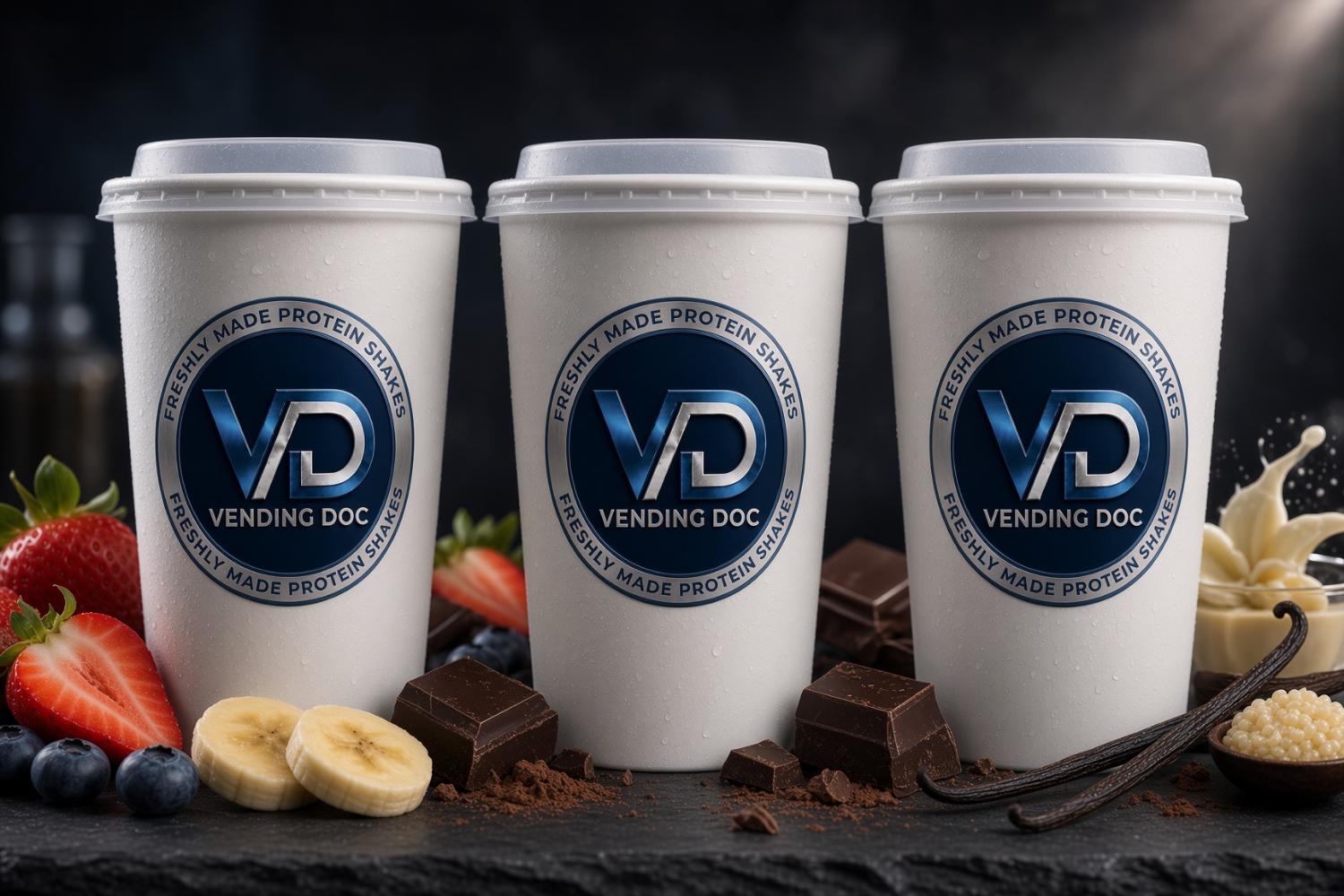 A line of freshly mixed protein drinks