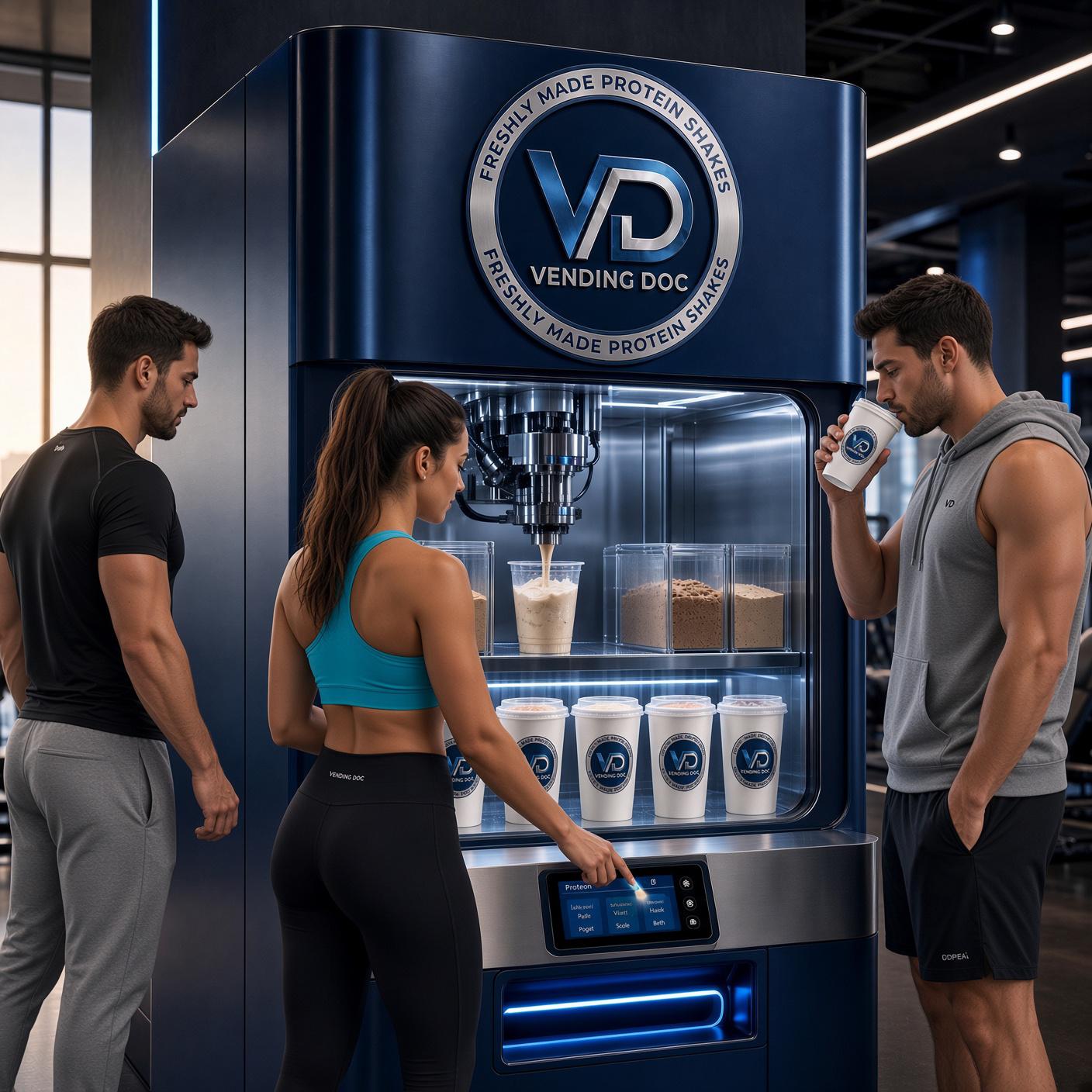 Gym members using a Vending Doc machine — fresh protein mixed on the floor